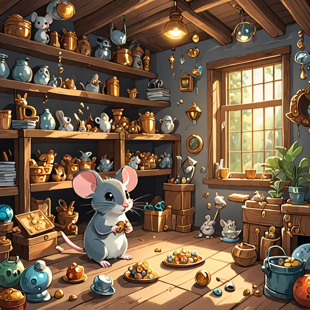 a mouse sitting in a room with many items on the floor and a window in the background with a clock, fantasy art, a storybook illustration, Chris LaBrooy, hearthstone