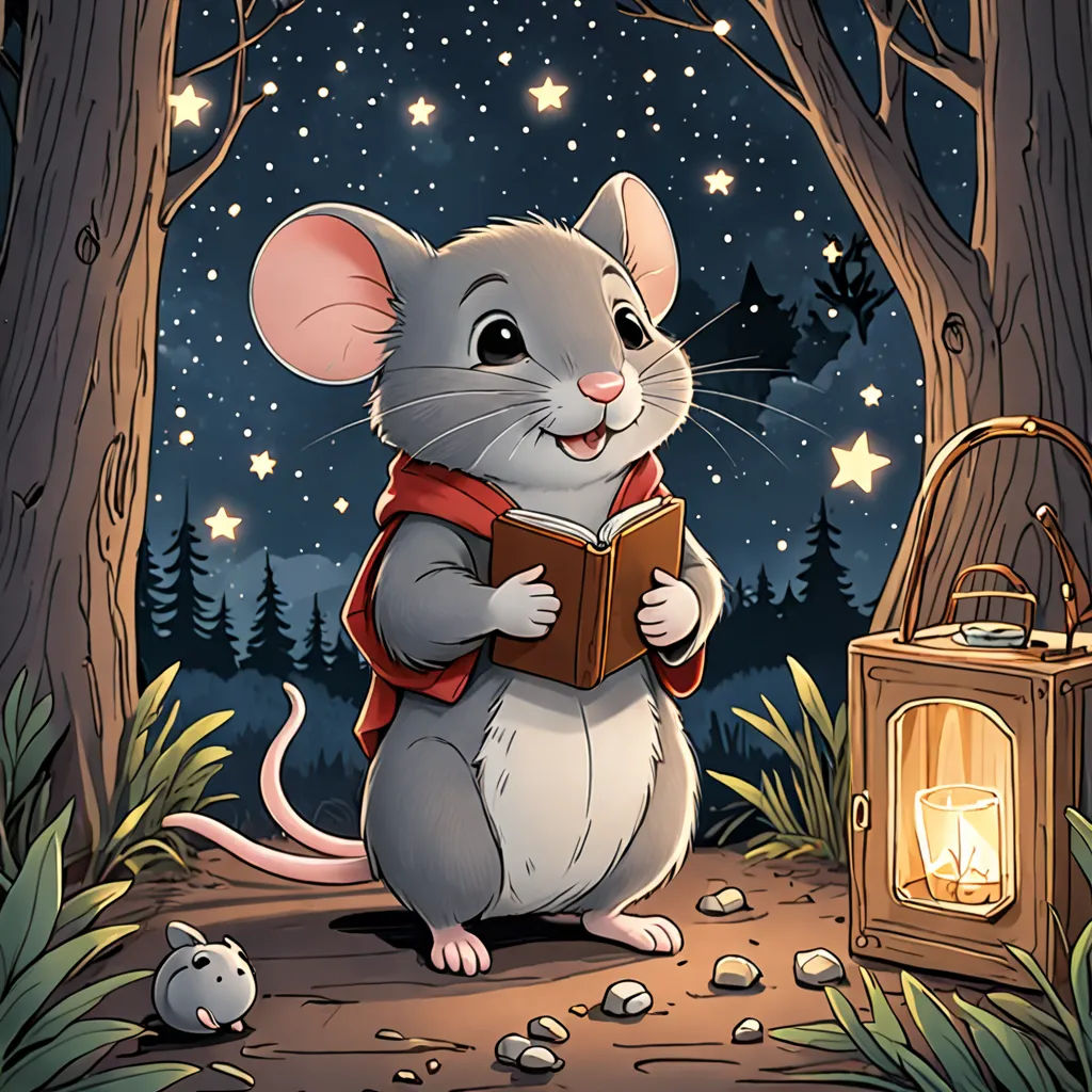 a mouse reading a book in the woods at night with a lantern and lantern lantern in the background,, fantasy art, a storybook illustration, Dan Mumford, storybook illustration