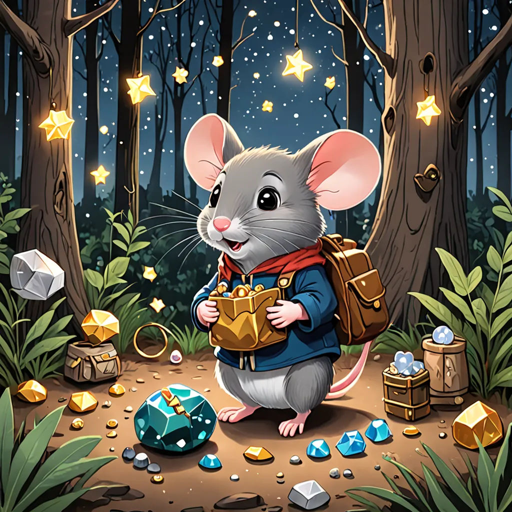 a mouse with a bag in a forest with stars and jewels on it's chest, surrounded by trees, sots art, a character portrait, Chris LaBrooy, game art
