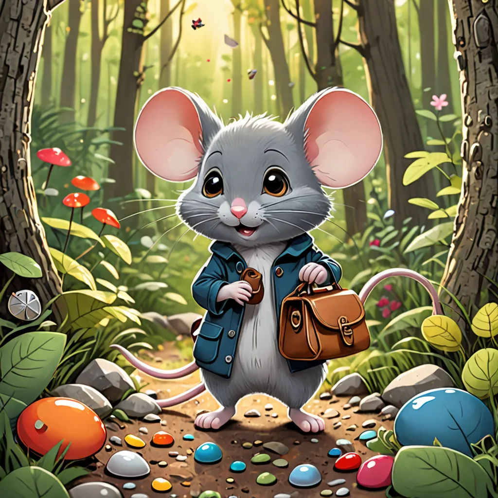 a mouse with a bag in a forest with rocks and flowers on the ground and a forest background with trees, altermodern, a storybook illustration, Chris LaBrooy, magic the gathering artwork