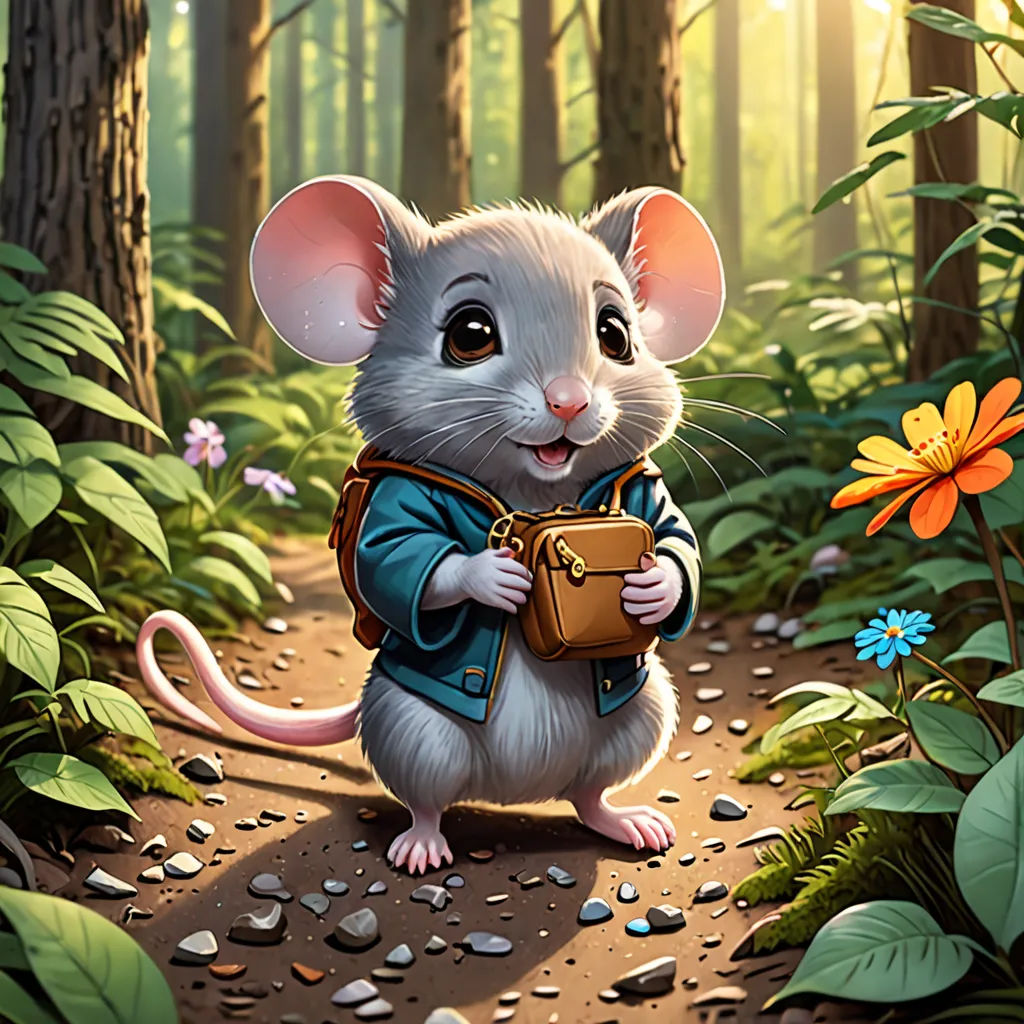a mouse with a book in a forest with flowers and rocks on the ground and a flower in the foreground, fantasy art, a storybook illustration, Chris LaBrooy, magic the gathering artwork