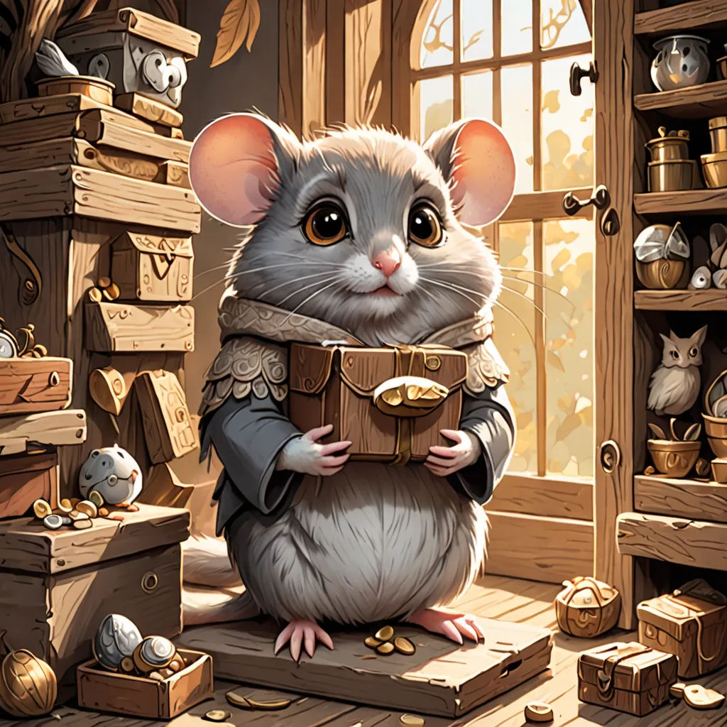 a mouse is holding a box in a room full of wooden boxes and other items, including a mouse, fantasy art, a storybook illustration, Chris Rahn, hearthstone