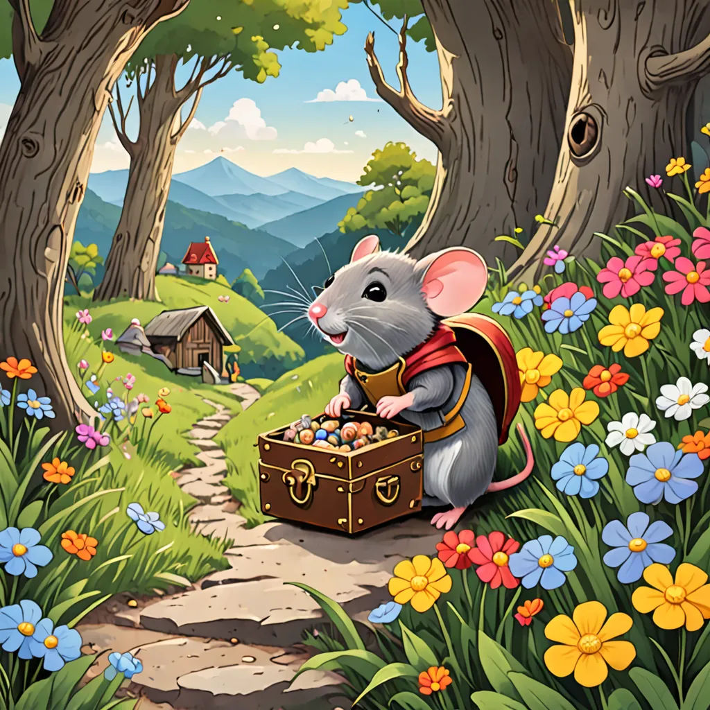 a mouse with a suitcase in a field of flowers and trees with a house in the background and a path leading to a forest, fantasy art, a storybook illustration, Chris LaBrooy, storybook illustration
