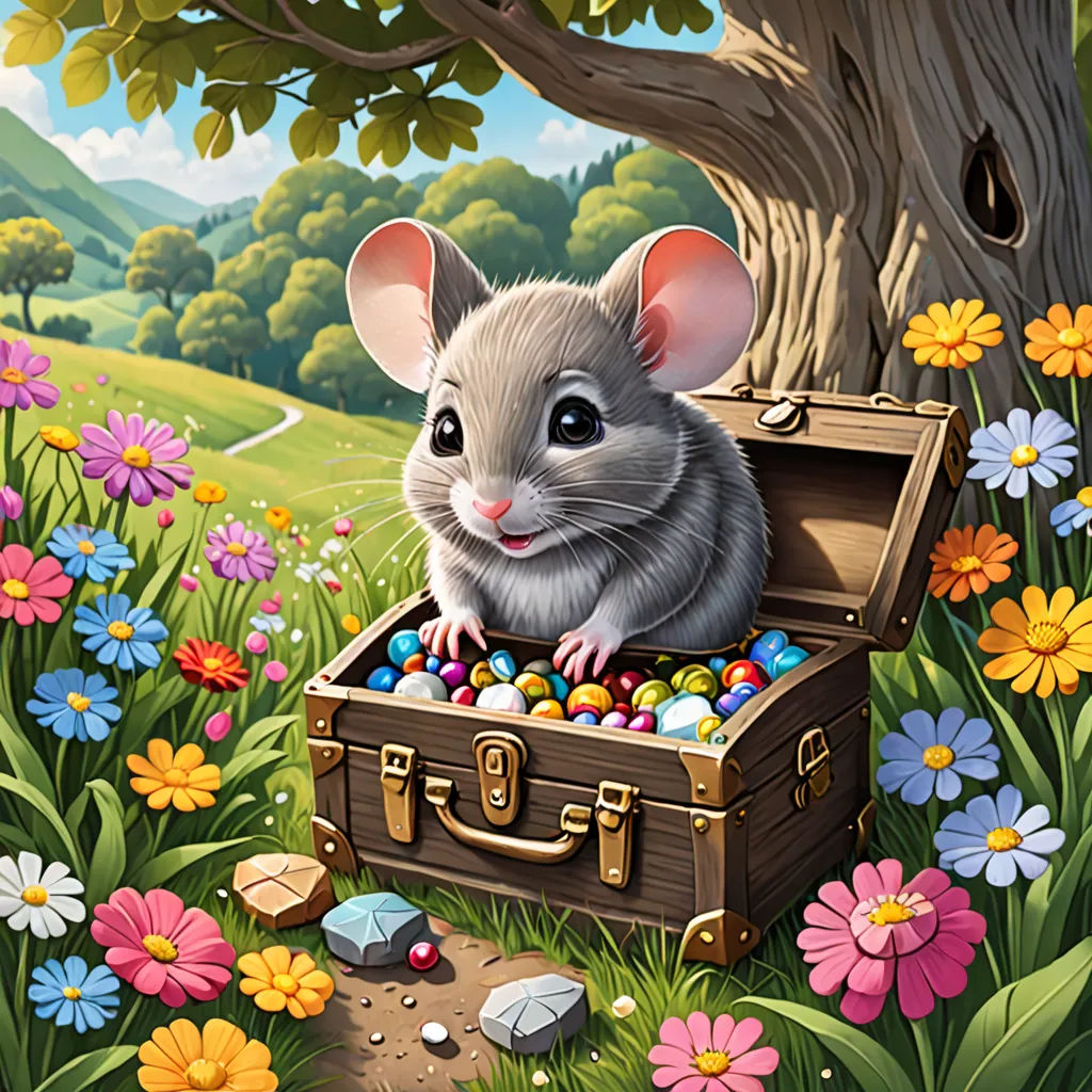a mouse in a suitcase in a field of flowers and a tree with a bird in it's trunk, fantasy art, a storybook illustration, Chris LaBrooy, magic the gathering artwork