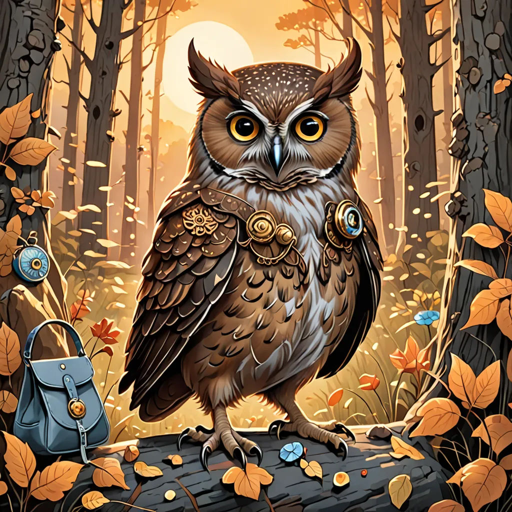 a painting of an owl sitting on a log in a forest with leaves and a purse in front of it, fantasy art, a storybook illustration, Chris LaBrooy, rossdraws global illumination
