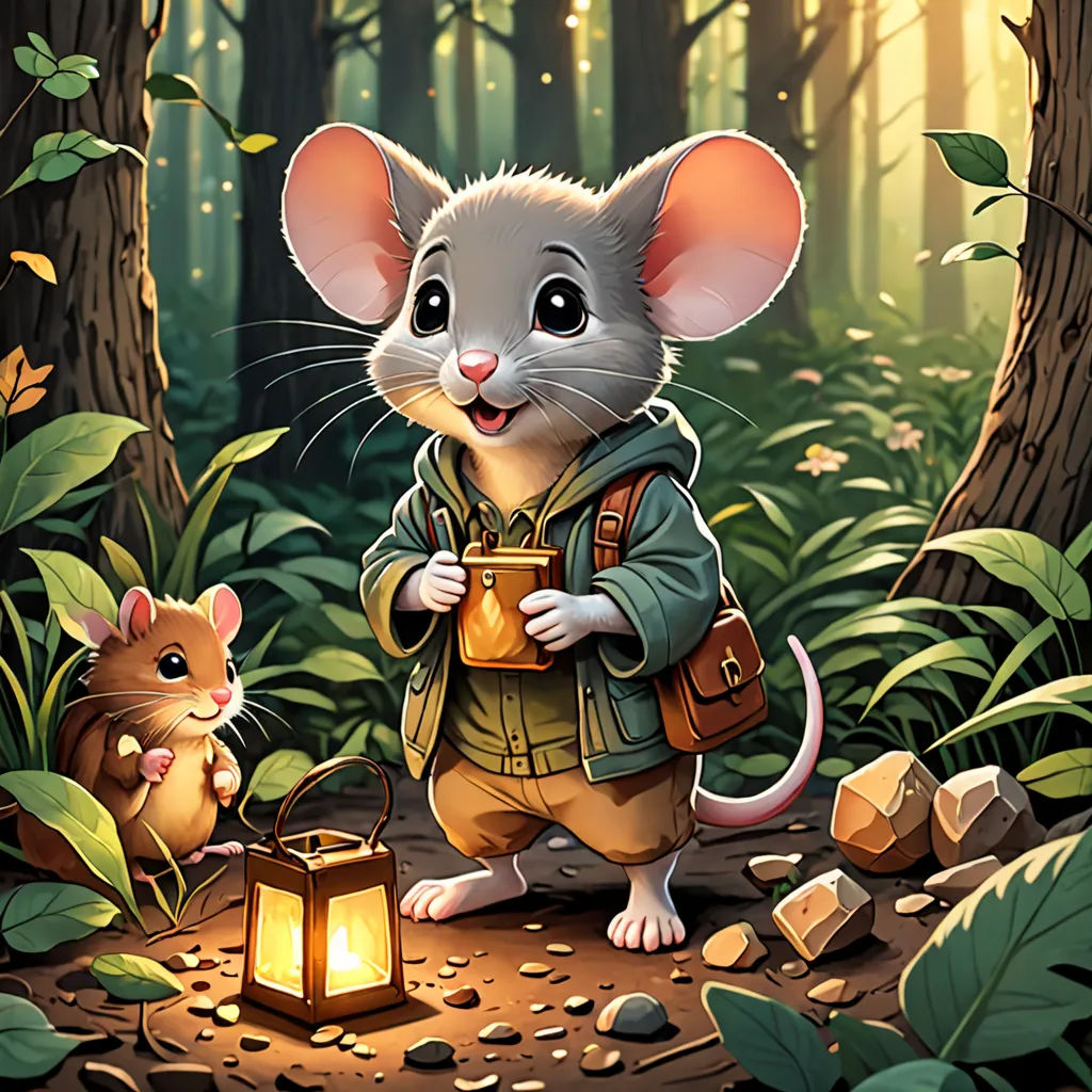 a mouse and a mouse in the woods with a lantern in its hand and a mouse in the foreground, sots art, a storybook illustration, Dan Mumford, official art