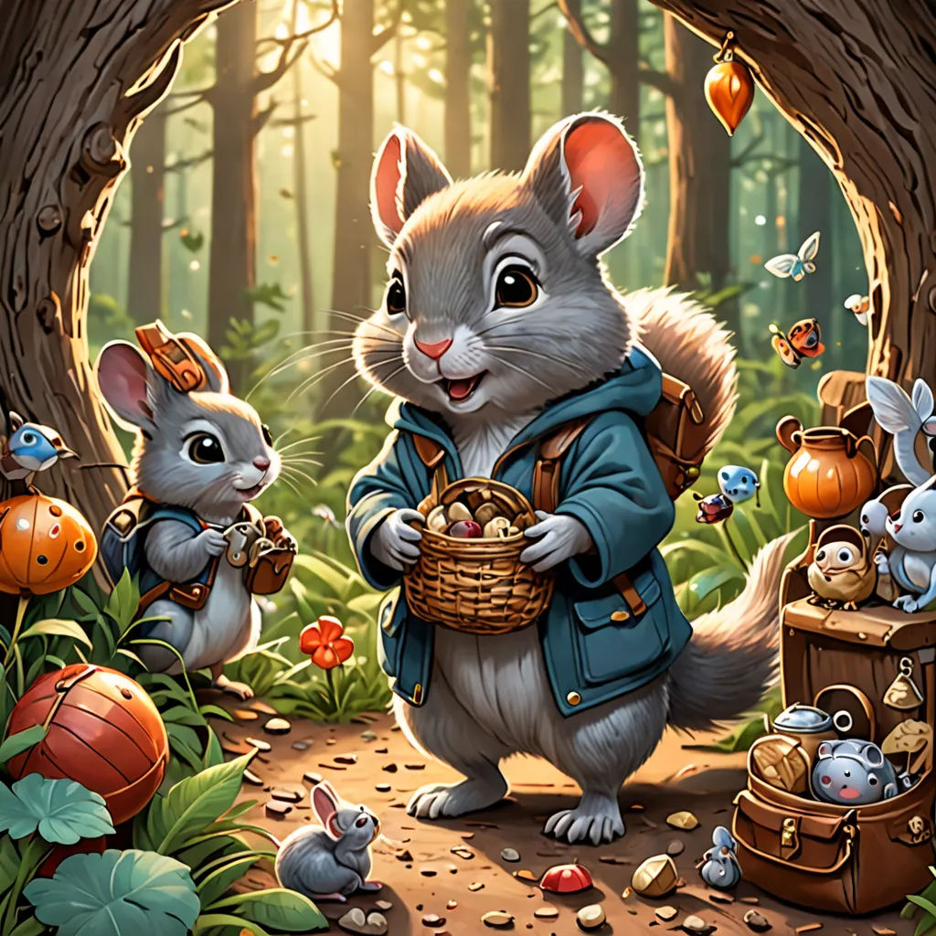 a painting of a mouse and two mice in a forest with pumpkins and other items in the background, fantasy art, a storybook illustration, Chris LaBrooy, official art