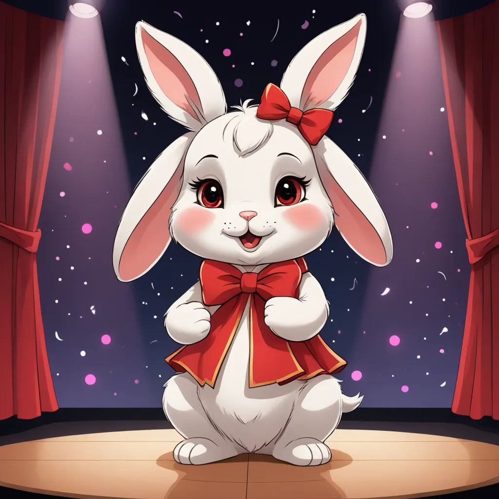 a cartoon rabbit with a red bow sitting on a stage with a spotlight behind it and a red curtain, furry art, a character portrait, Araceli Gilbert, character portrait