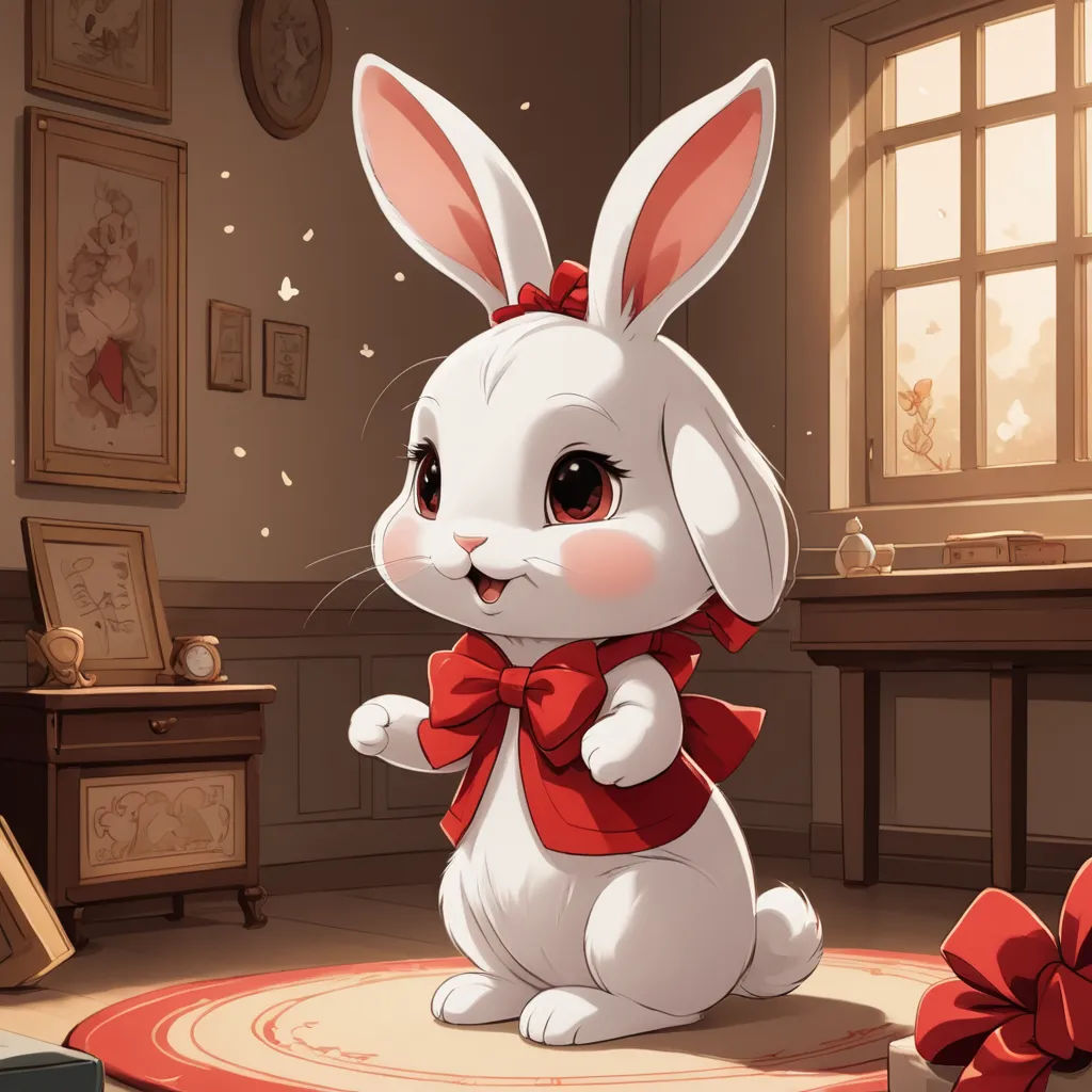 a white rabbit with a red bow sitting on a rug in a room with a window and a table, furry art, a detailed painting, Beatrix Potter, character portrait