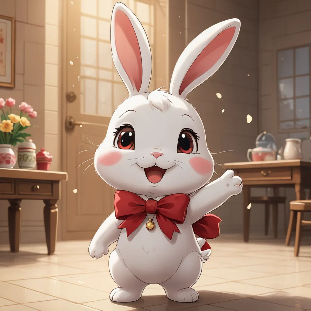 a cartoon bunny with a red bow tie standing in a room with a table and chairs in the background, furry art, a character portrait, Chen Lin, rossdraws global illumination