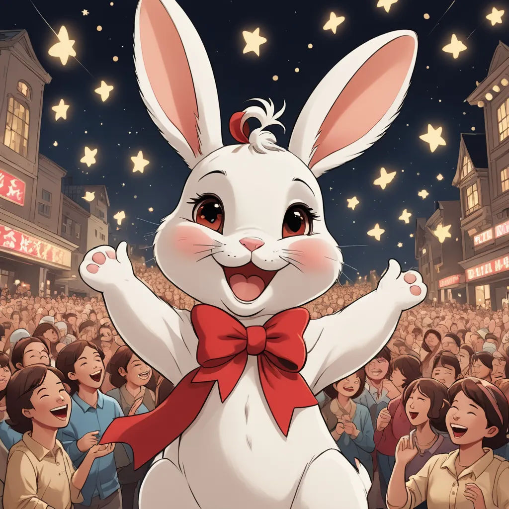 a cartoon rabbit with a red bow on its head and a crowd of people behind him, all dressed in red, furry art, a comic book panel, Fan Qi, official art