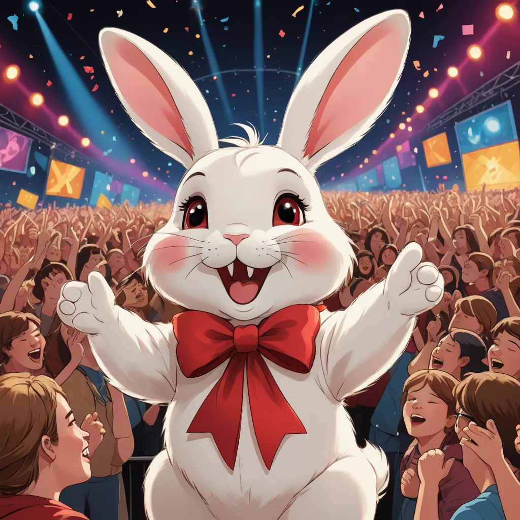 a cartoon bunny with a red bow tie standing in front of a crowd of people at a concert or concert, furry art, concept art, Chris LaBrooy, official art