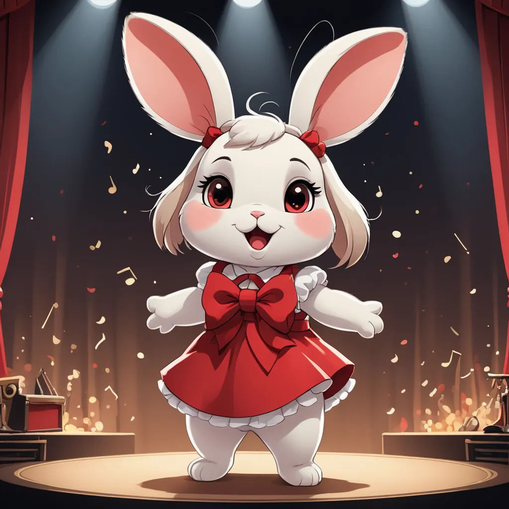 a cartoon rabbit dressed in a red dress on stage with a microphone and a red curtain behind her, with a spotlight behind it, furry art, a character portrait, Fan Qi, rossdraws global illumination