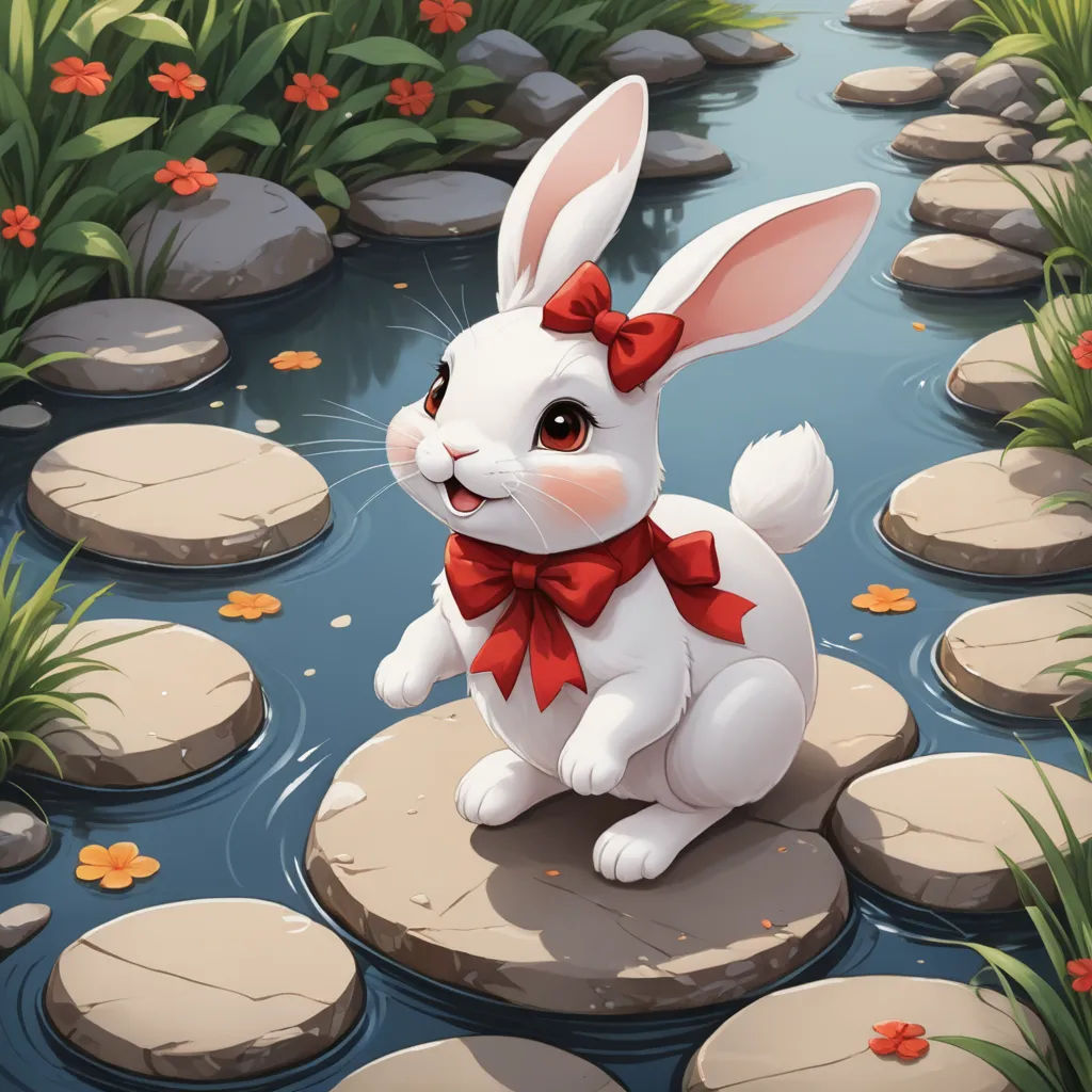 a white rabbit sitting on a rock in a river with flowers and rocks around it, with a red bow around its neck, fantasy art, a storybook illustration, Beatrix Potter, rossdraws global illumination