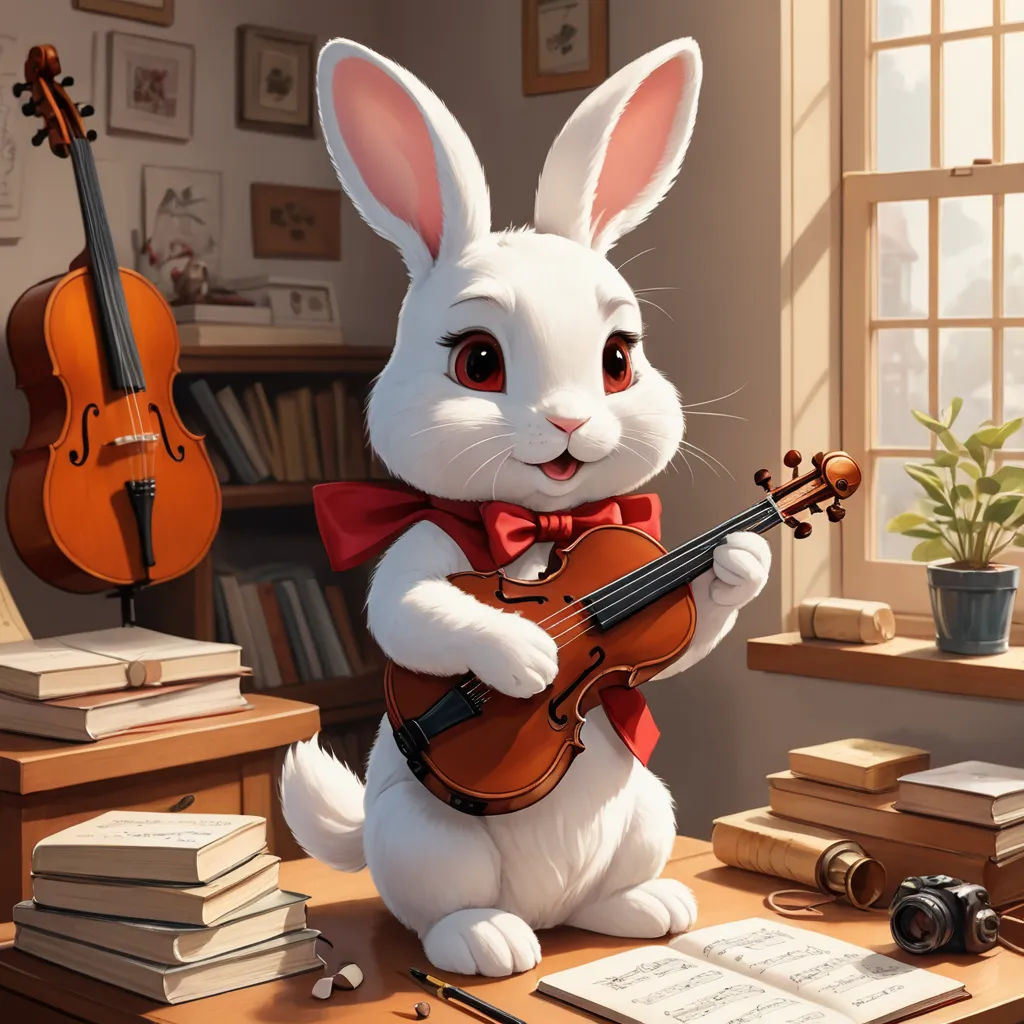 a white rabbit playing a violin in a room with books and a window and a potted plant on the table, furry art, a storybook illustration, Chris LaBrooy, rossdraws global illumination