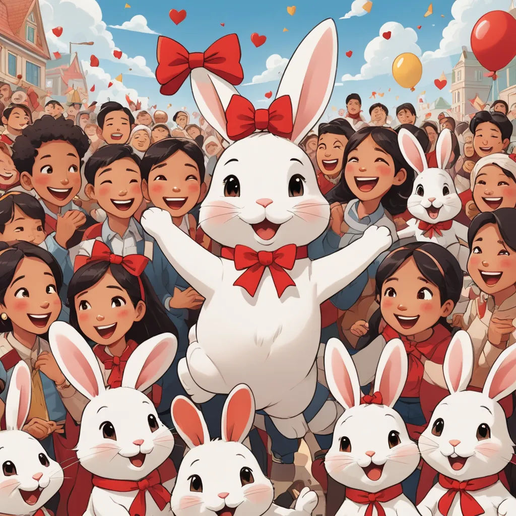a group of people standing around a cartoon bunny with many other people behind them and balloons in the air, furry art, a storybook illustration, Cui Bai, official art