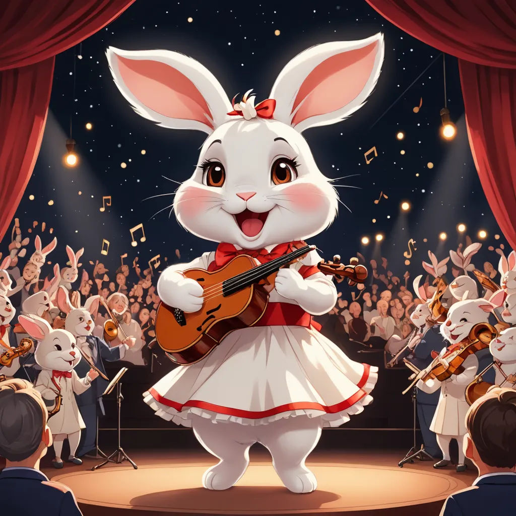 a rabbit playing a violin in front of a crowd of people in bunny costumes and bunny ears, with a violin in its hand, furry art, a storybook illustration, Alice Prin, official art