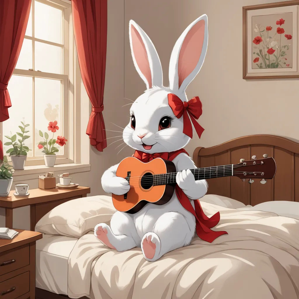 a white rabbit with a red bow playing a guitar on a bed in a bedroom with a red curtain, furry art, a storybook illustration, Beatrix Potter, trending on art station