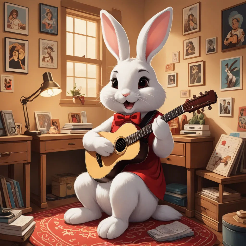 a white rabbit playing a guitar in a room with pictures on the wall and a desk with a lamp, furry art, a storybook illustration, Chris LaBrooy, rossdraws global illumination