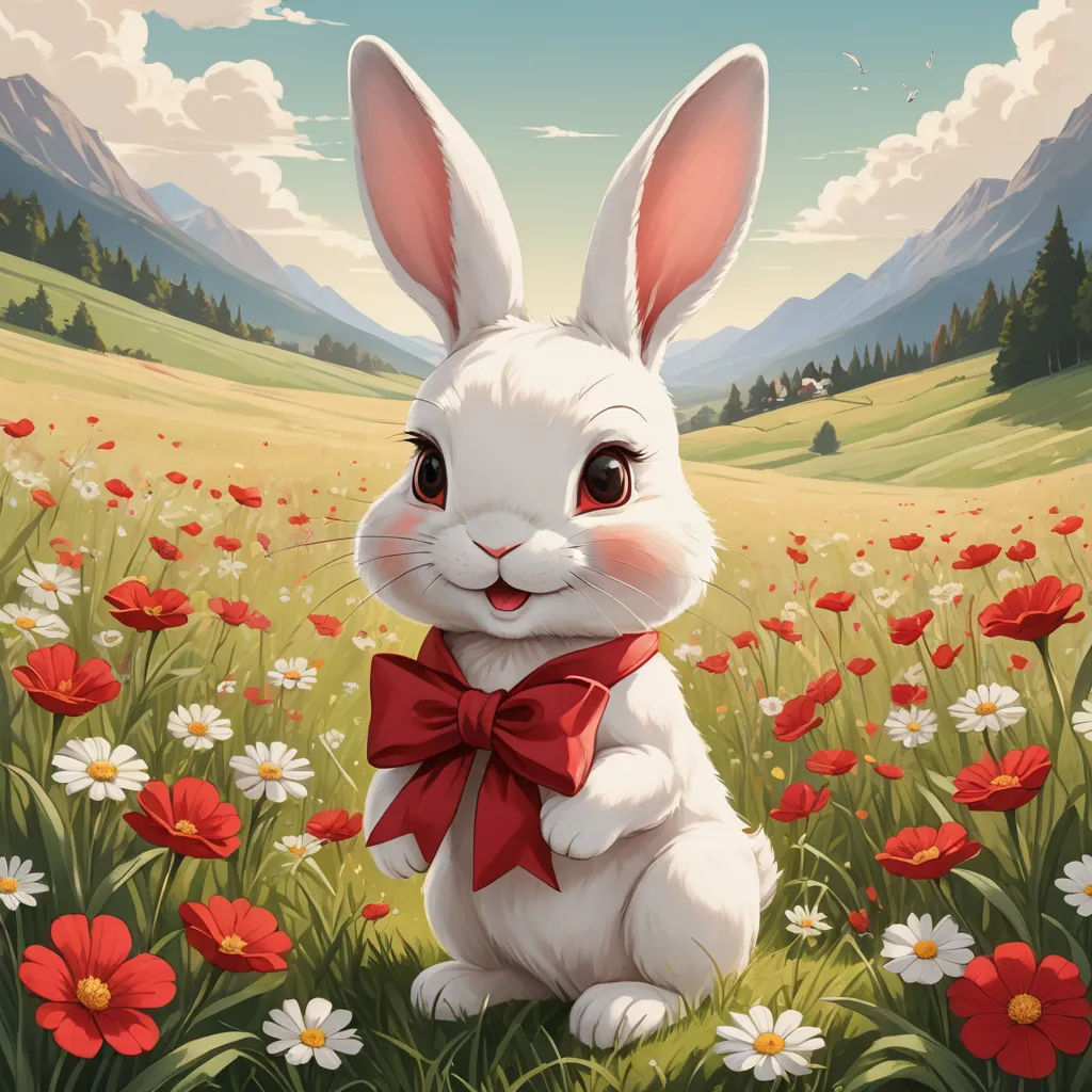 a painting of a rabbit sitting in a field of flowers with mountains in the background and clouds in the sky, furry art, a detailed painting, Chris Rahn, rossdraws global illumination