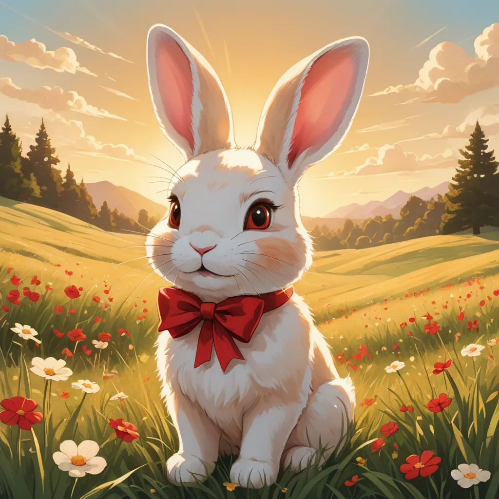 a painting of a rabbit with a red bow tie sitting in a field of flowers with a sunset behind it, furry art, a digital painting, Chris LaBrooy, rossdraws global illumination