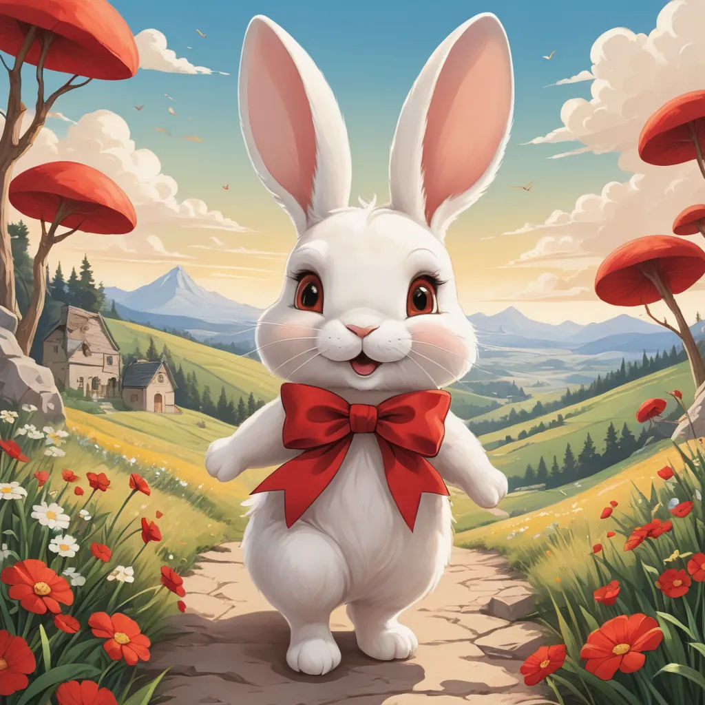 a white rabbit with a red bow is standing on a path in a field of flowers and trees with a house in the background, furry art, a storybook illustration, Chris LaBrooy, rossdraws global illumination