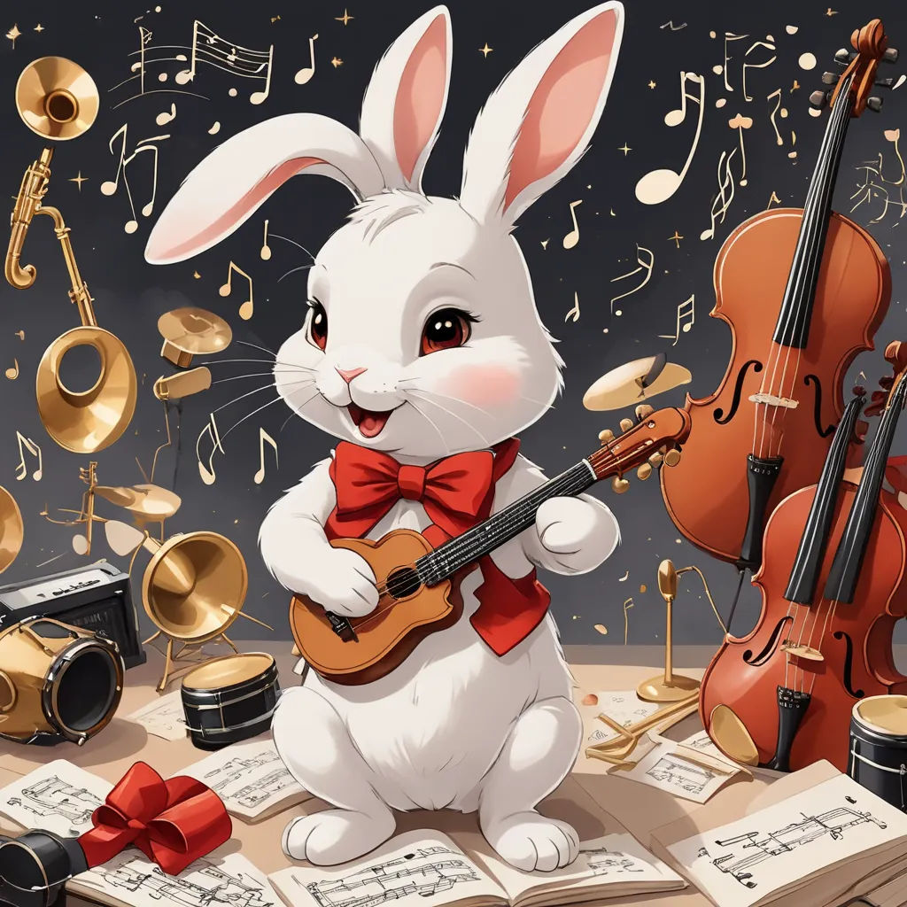 a rabbit playing a guitar and a violin in front of musical instruments and music notes on a table with a red bow, furry art, a storybook illustration, Chen Chun, trending on art station
