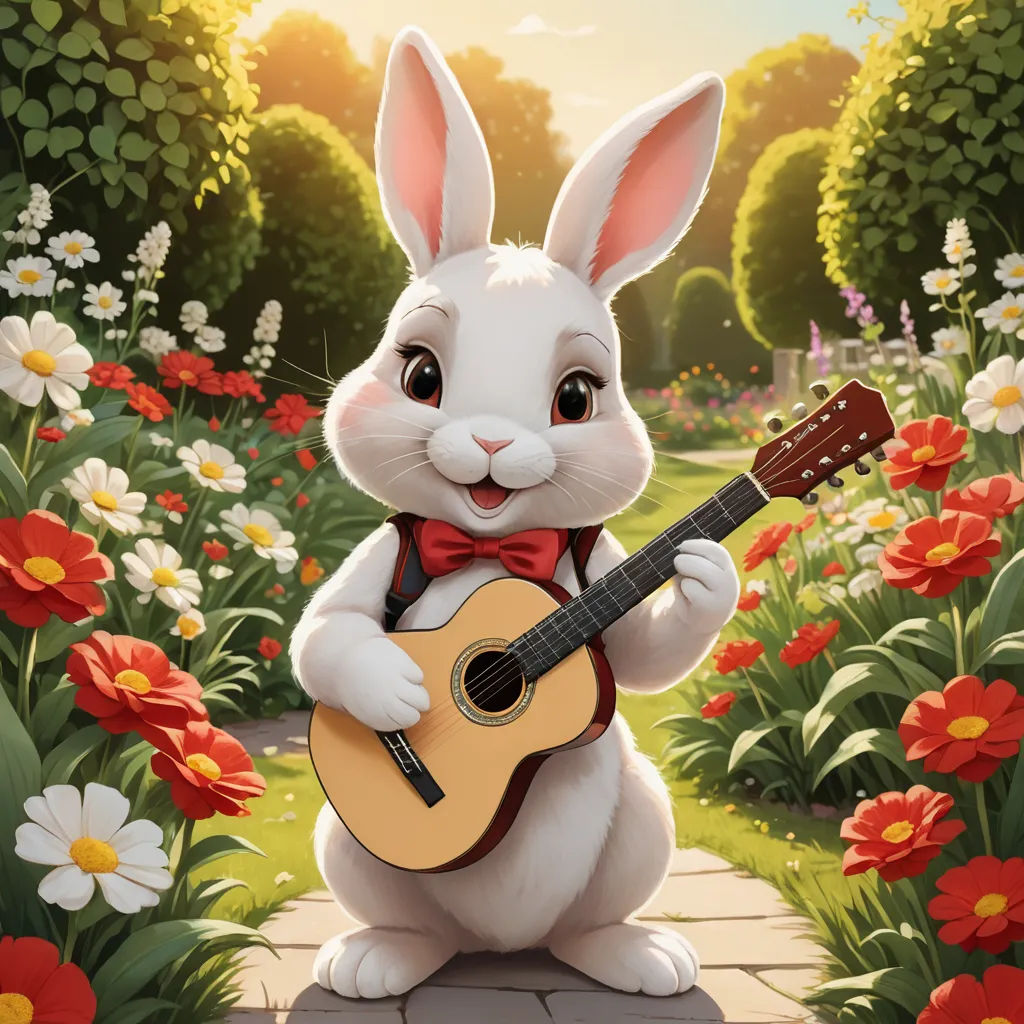 a white rabbit playing a guitar in a garden with flowers and flowers around it, with a red bow tie, furry art, a storybook illustration, Chris LaBrooy, official art