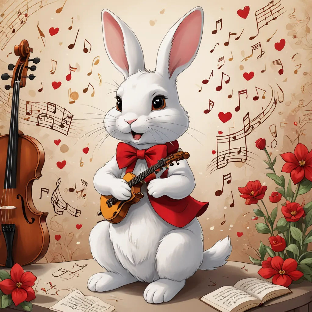 a white rabbit playing a violin and singing with music notes and flowers around it, and a violin in the background, fantasy art, a storybook illustration, Beatrix Potter, trending on art station