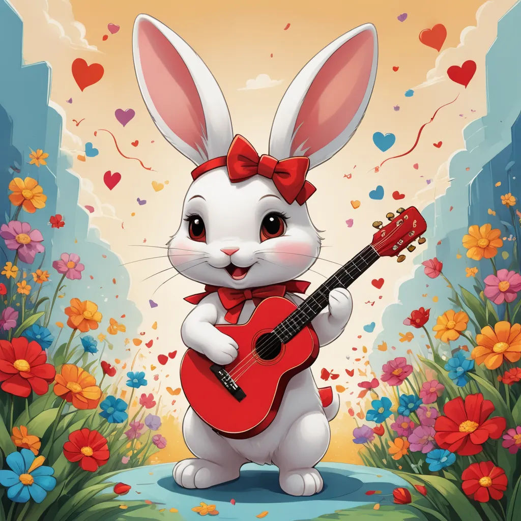 a cartoon bunny playing a guitar in a field of flowers and flowers with a sky background and clouds in the background, pop surrealism, a storybook illustration, Araceli Gilbert, official art