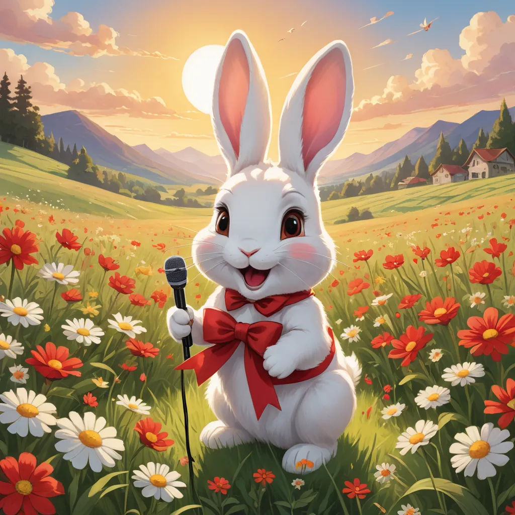 a painting of a rabbit holding a microphone in a field of flowers with a sunset in the background and a house in the distance, furry art, a storybook illustration, Chris LaBrooy, official art
