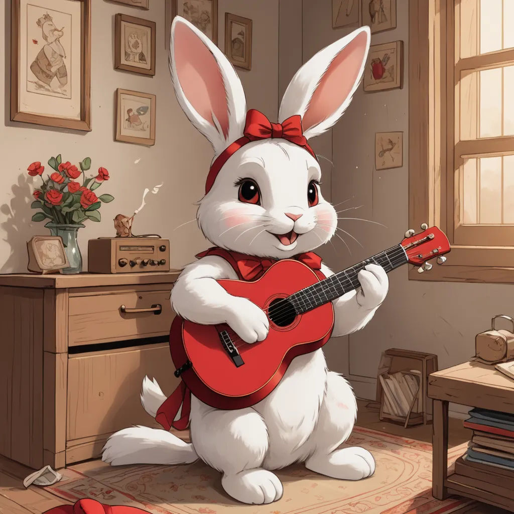 a white rabbit with a red guitar in a room with a window and a table with a vase of flowers, furry art, a storybook illustration, Beatrix Potter, trending on art station
