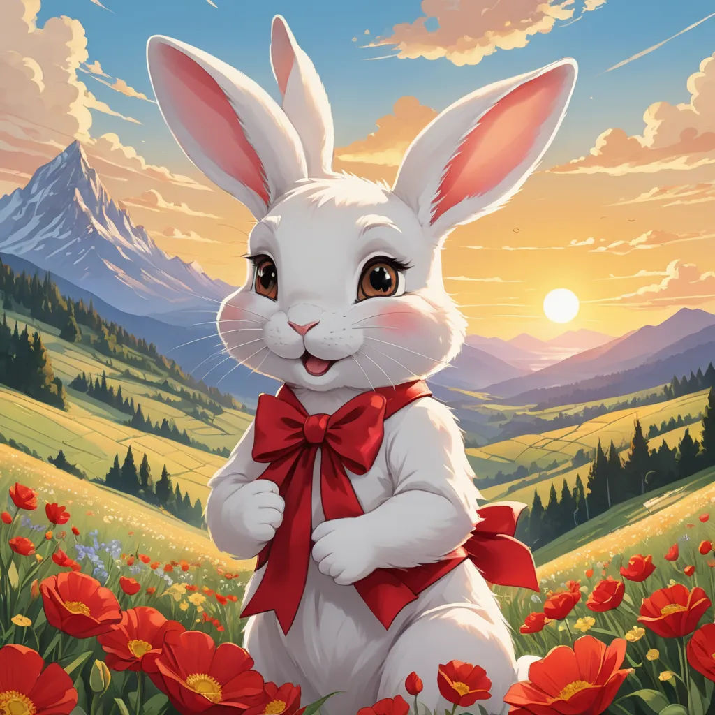 a painting of a rabbit in a field of flowers with a sunset in the background and mountains in the background, furry art, an airbrush painting, Chris LaBrooy, rossdraws global illumination
