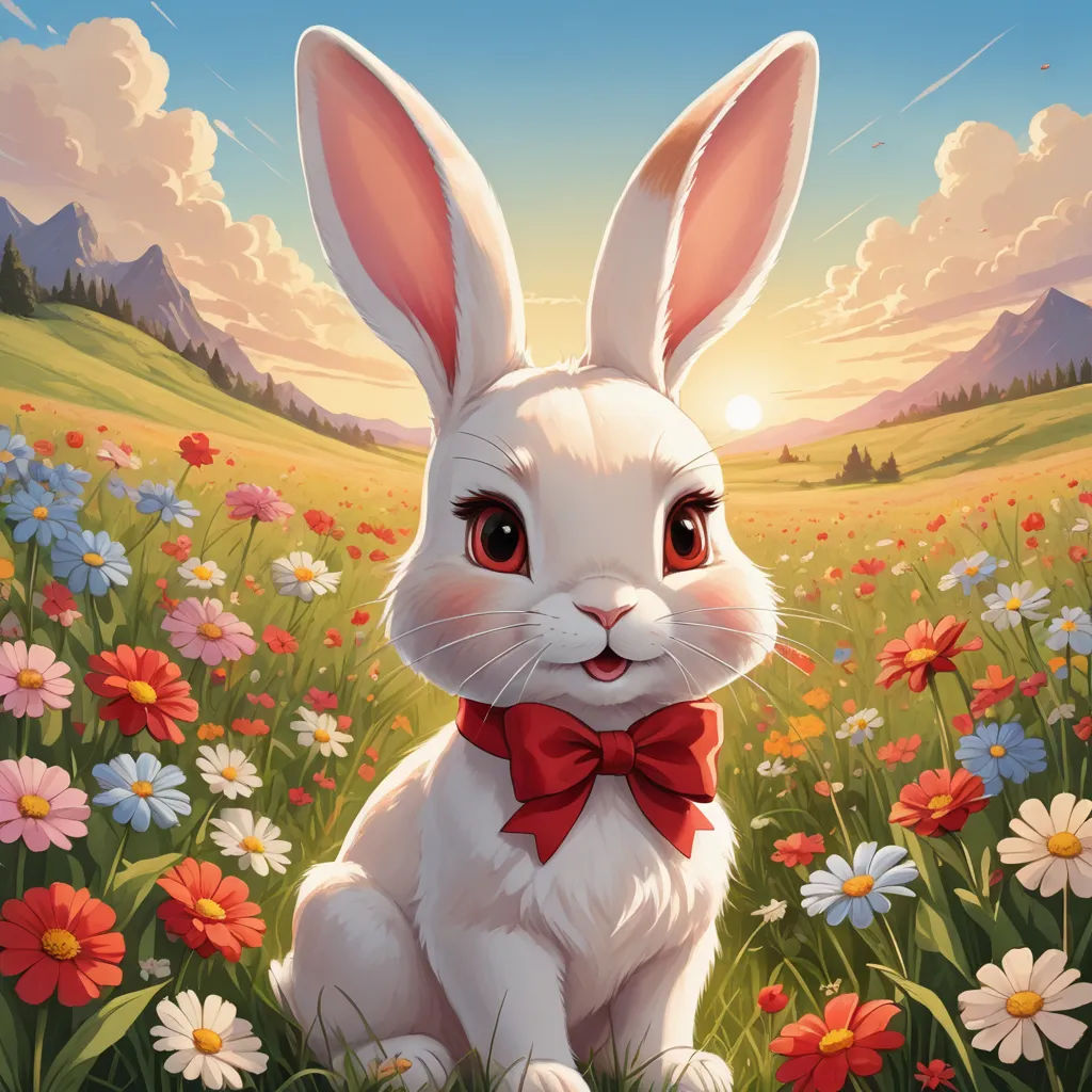 a white rabbit with a red bow tie sitting in a field of flowers with a mountain in the background, furry art, a character portrait, Chris LaBrooy, rossdraws global illumination