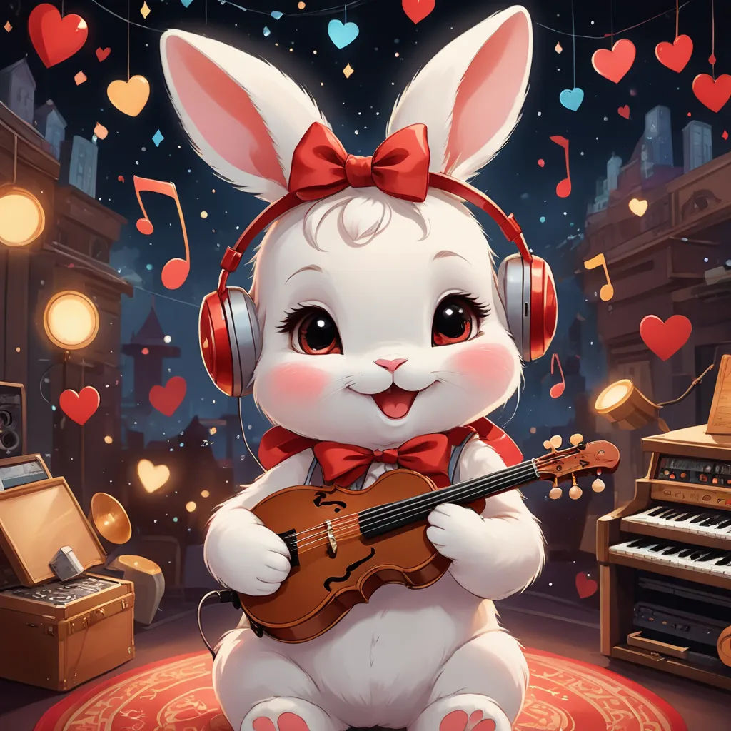 a rabbit with headphones and a violin in a room with musical instruments and hearts floating around it,, fantasy art, a detailed painting, artist, trending on art station