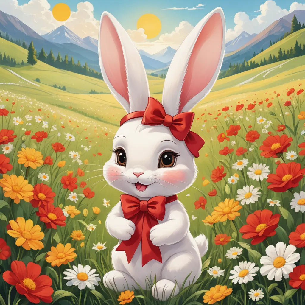 a painting of a bunny sitting in a field of flowers with a red bow on its head and a mountain in the background, naive art, a storybook illustration, Annabel Kidston, rossdraws global illumination
