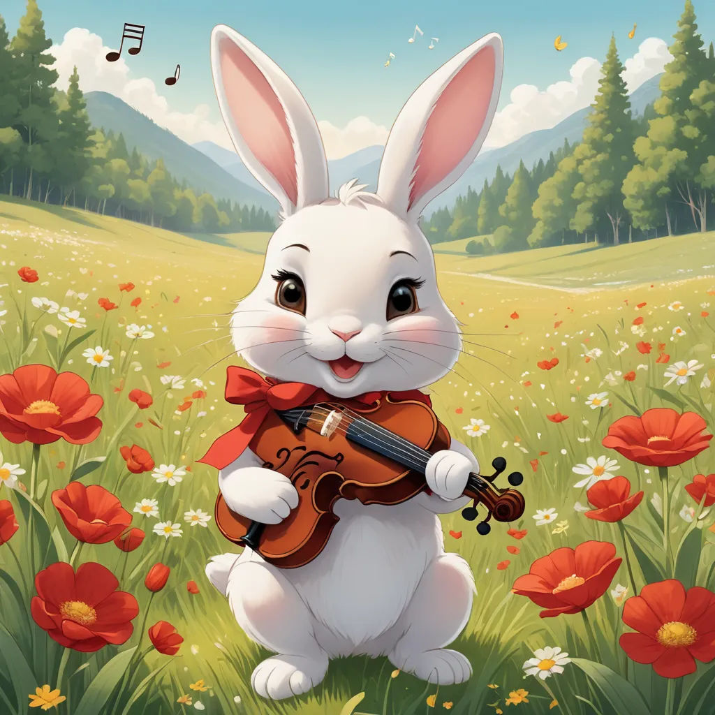 a rabbit playing a violin in a field of flowers and grass with a forest in the background and a sky with clouds, naive art, a storybook illustration, Beatrix Potter, official art