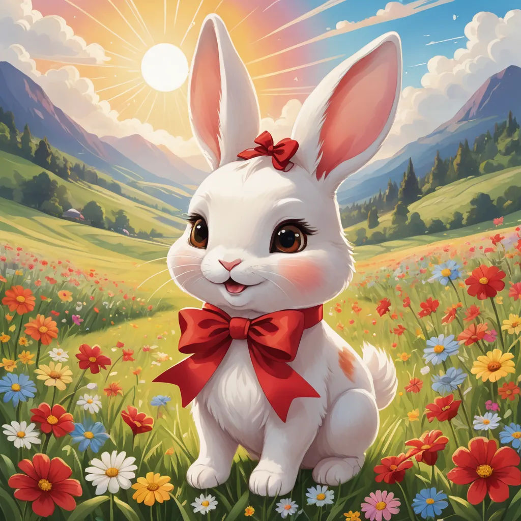 a painting of a white rabbit with a red bow sitting in a field of flowers with a sun in the background, pop surrealism, an airbrush painting, Alice Prin, rossdraws global illumination