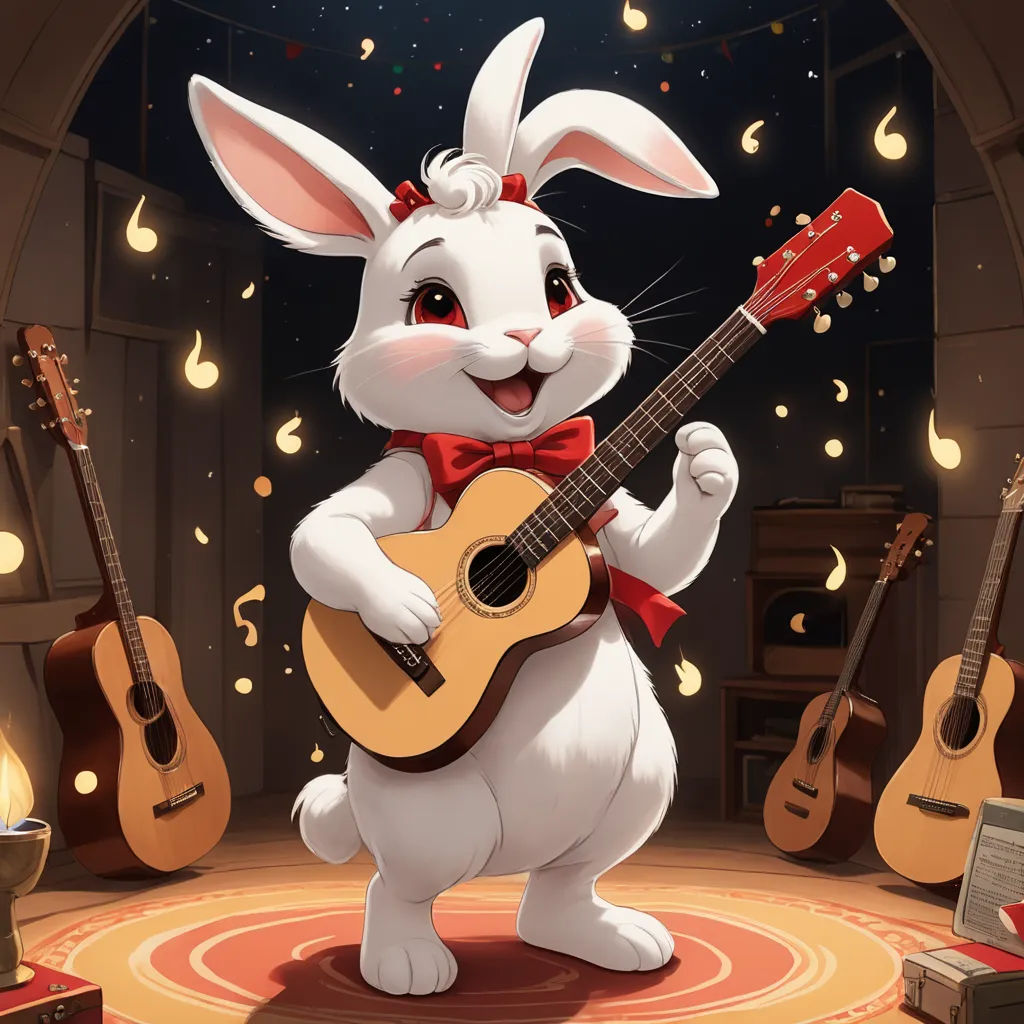 a rabbit playing a guitar in a room with guitars and a fireplace in the background, with a red bow tie on, furry art, a storybook illustration, Alejandro Burdisio, trending on art station