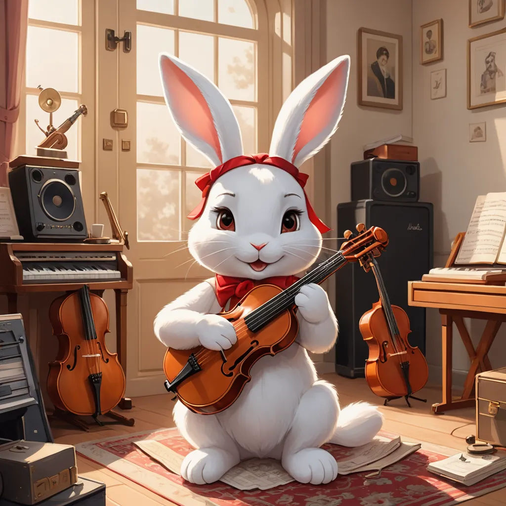 a rabbit playing a violin in a room with musical instruments and a piano in the background, while a rabbit plays the violin, furry art, a character portrait, Chris LaBrooy, rossdraws global illumination
