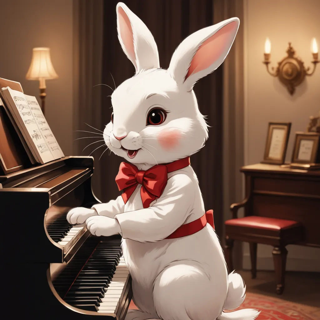 a white rabbit sitting on a piano in front of a piano keyboard with a red bow tie on it, furry art, a digital painting, Beatrix Potter, official art