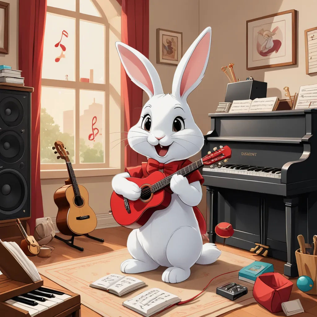 a cartoon bunny playing a guitar in a living room with a piano and a keyboard in the background,, furry art, a storybook illustration, Chris LaBrooy, official art