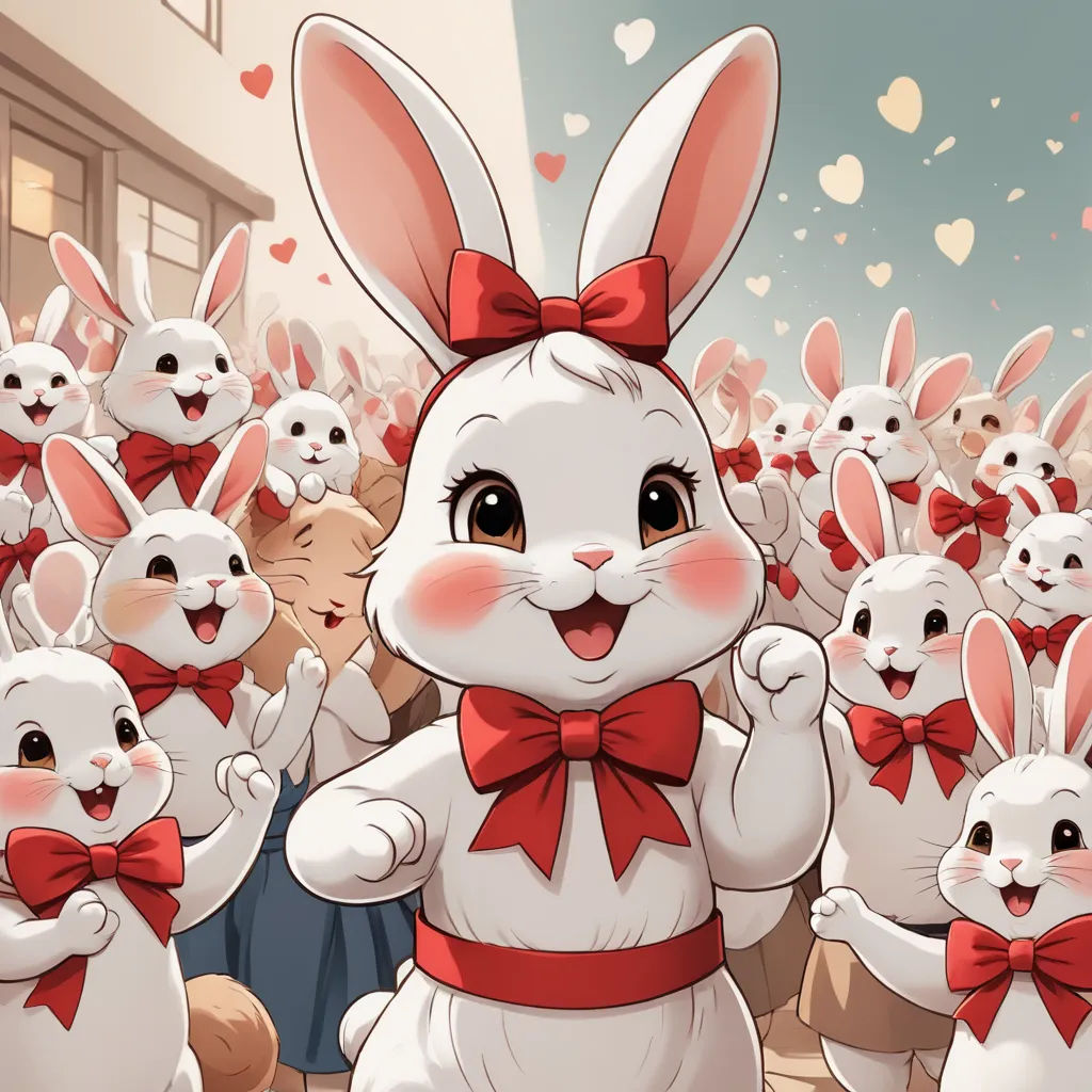 a group of rabbits with red bows and a man in a suit standing in front of them with a crowd of them, furry art, a comic book panel, disney, cute and funny