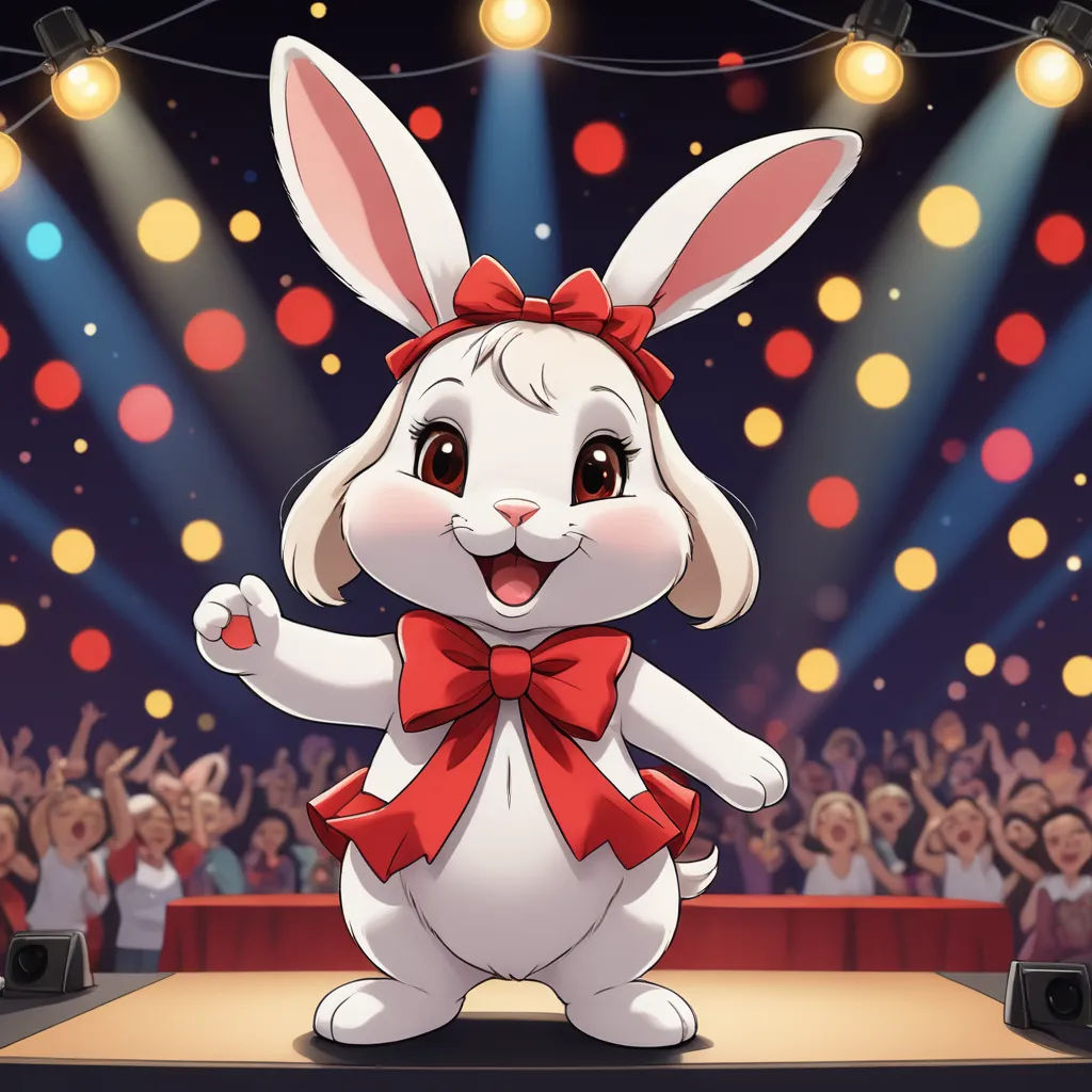 a cartoon rabbit with a red bow on its head standing on a stage with a crowd of people behind it, furry art, a storybook illustration, Alice Prin, official art