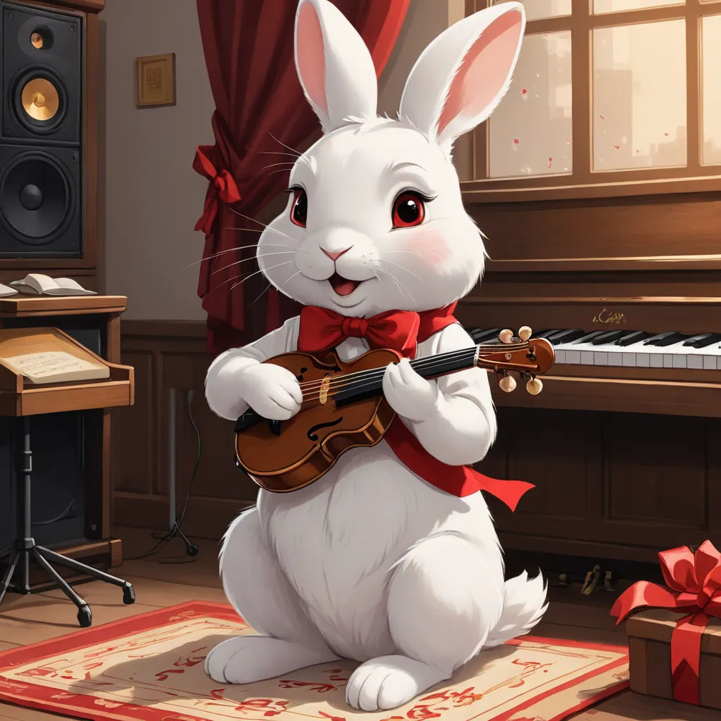 a rabbit playing a violin in a room with a piano and a piano keyboard in the background, while a red bow sits on the rug, furry art, a character portrait, Alice Prin, character portrait