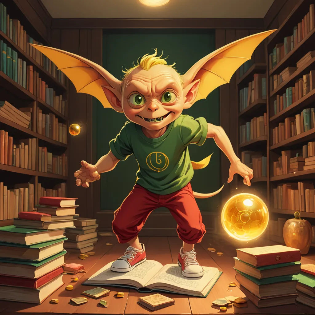 a cartoon character is standing in a library with a book and a ball in his hand and a bookcase behind him, fantasy art, a storybook illustration, Clint Cearley, rossdraws global illumination