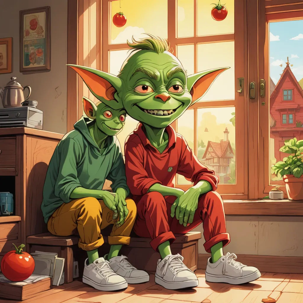 two green cartoon characters sitting on a window sill in a room with a window and a potted plant, fantasy art, a storybook illustration, Brothers Hildebrandt, trending on art station