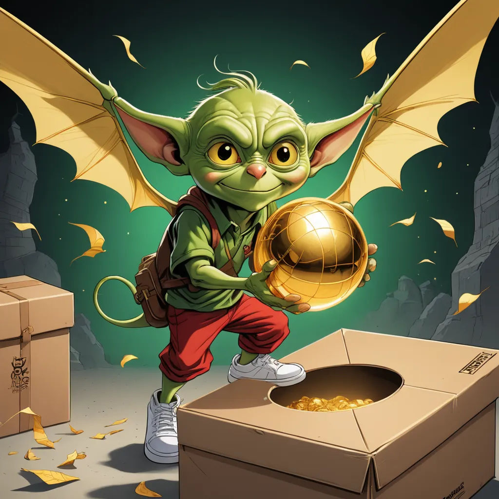 a cartoon character holding a ball and a golden ball in front of a box with a dragon on it, fantasy art, a comic book panel, Drew Struzan, rossdraws global illumination
