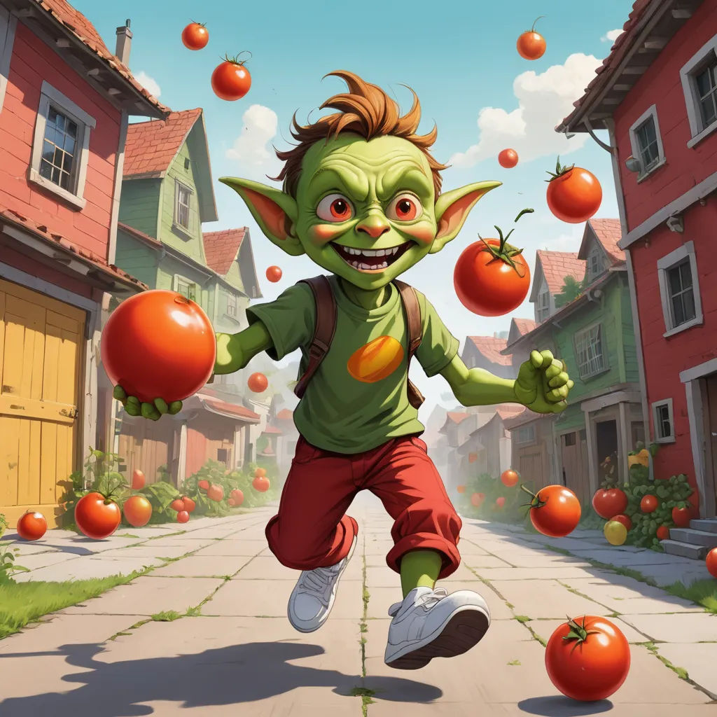 a cartoon character running down a street with tomatoes in his hand and a house in the background with a lot of tomatoes, altermodern, a storybook illustration, Chris LaBrooy, magic the gathering artwork
