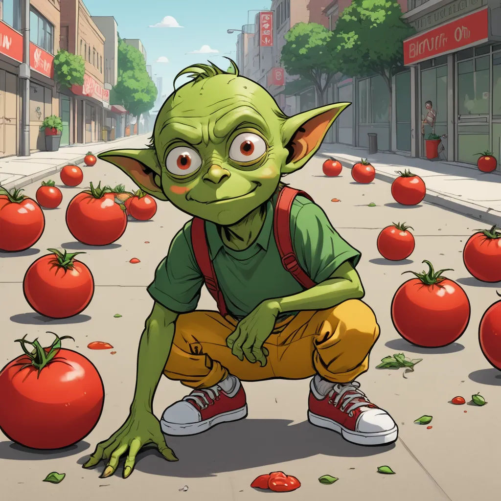 a cartoon of a green troll surrounded by tomatoes on the street with buildings in the background and a street sign in the foreground, context art, concept art, Altichiero, game art